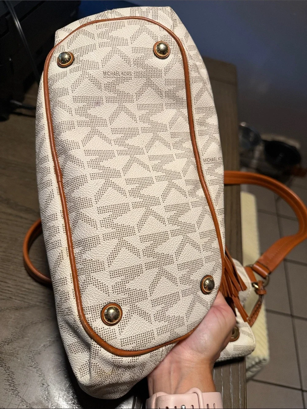 Michael Kors White Logo Tote with Tan Leather Tassel Handles